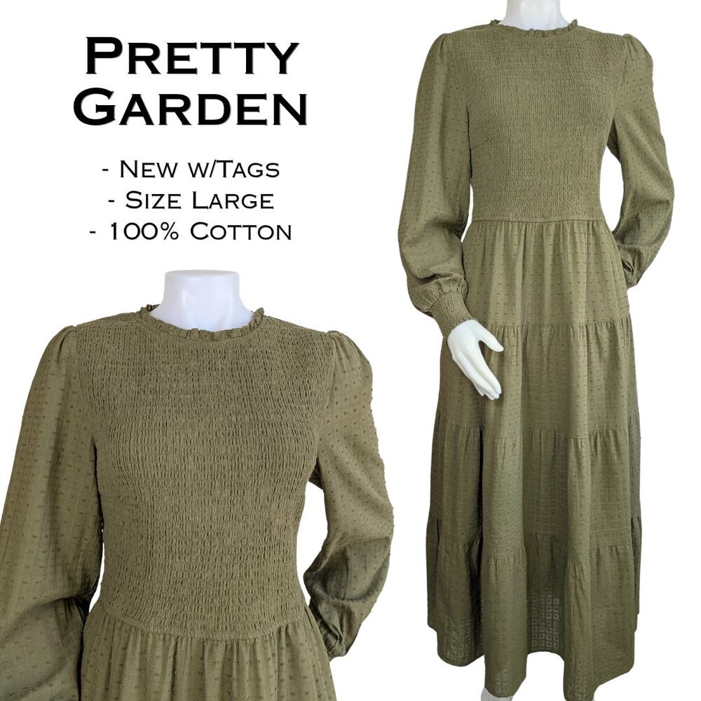 Pretty Garden Maxi Dress Large Olive Green Swiss Dot Smocked Tiered Boho NEW